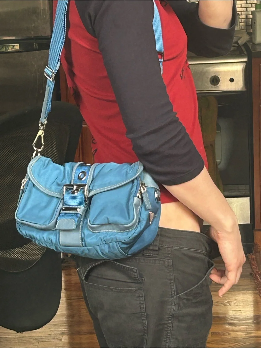 Prada Teal-Blue Nylon Shoulder Bag with Buckle Strap - Picture 7 of 7